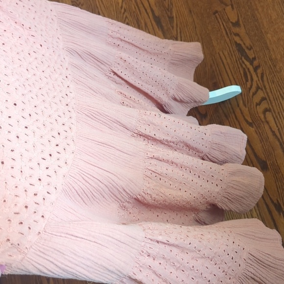 Cottagecore Pink Dress Pleated Tiered Eyelet Cotton Puff Sleeves Tiered Sz L - Picture 6 of 11